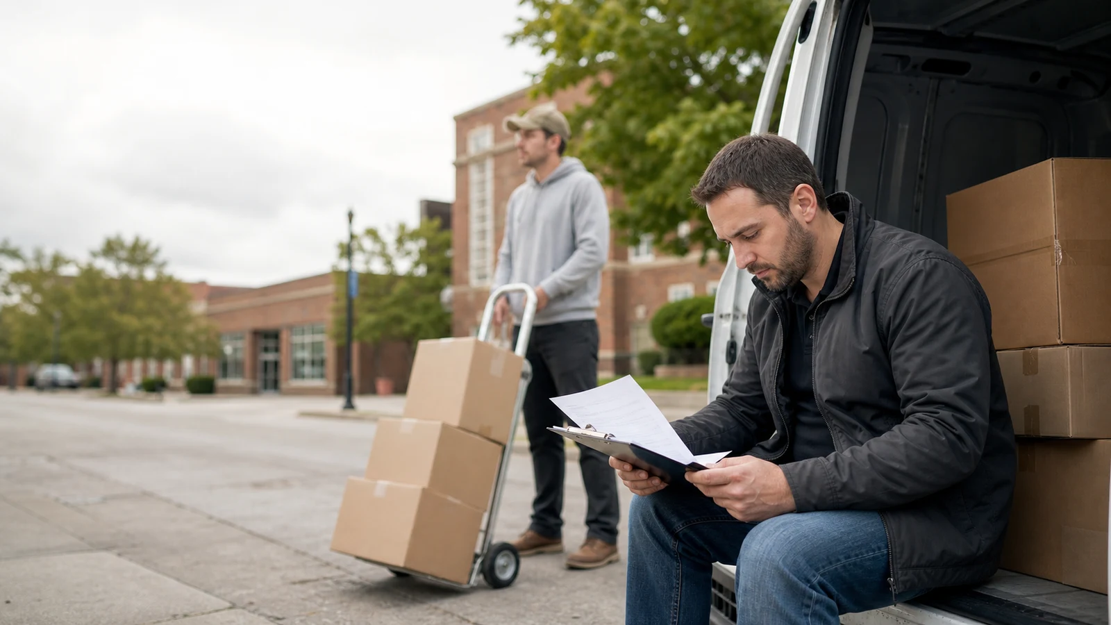 Accurate delivery driver application Saint Cloud MN: a person seated beside an open cargo van reviews papers on a clipboard while another person stands near a hand truck and.