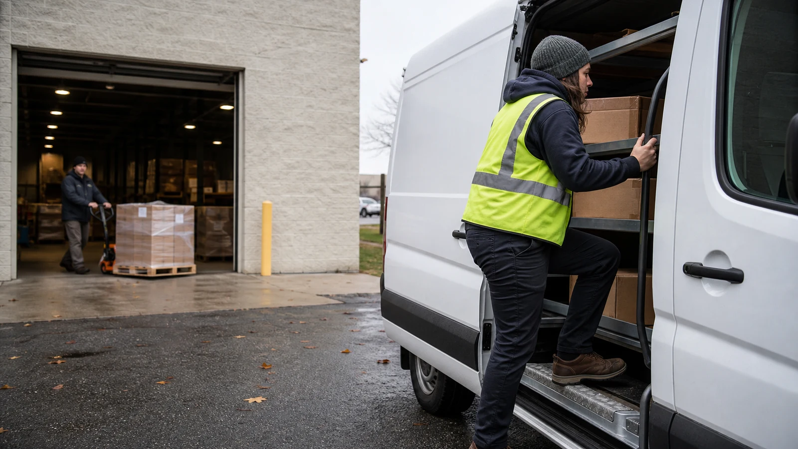 Amazon delivery associate careers Saint Paul: One adult grips a cargo van handle while another stands behind a pallet jack in a loading bay.