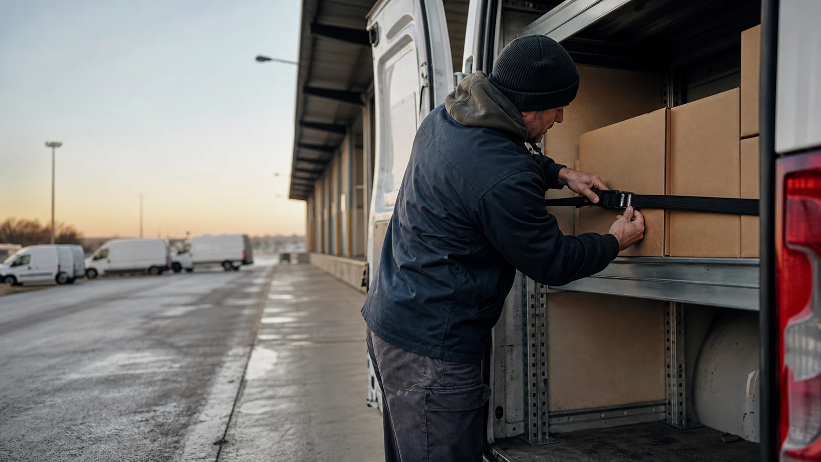 Amazon DSP careers Saint Paul: An adult tightens a cargo strap across plain parcels inside an open, unbranded van.