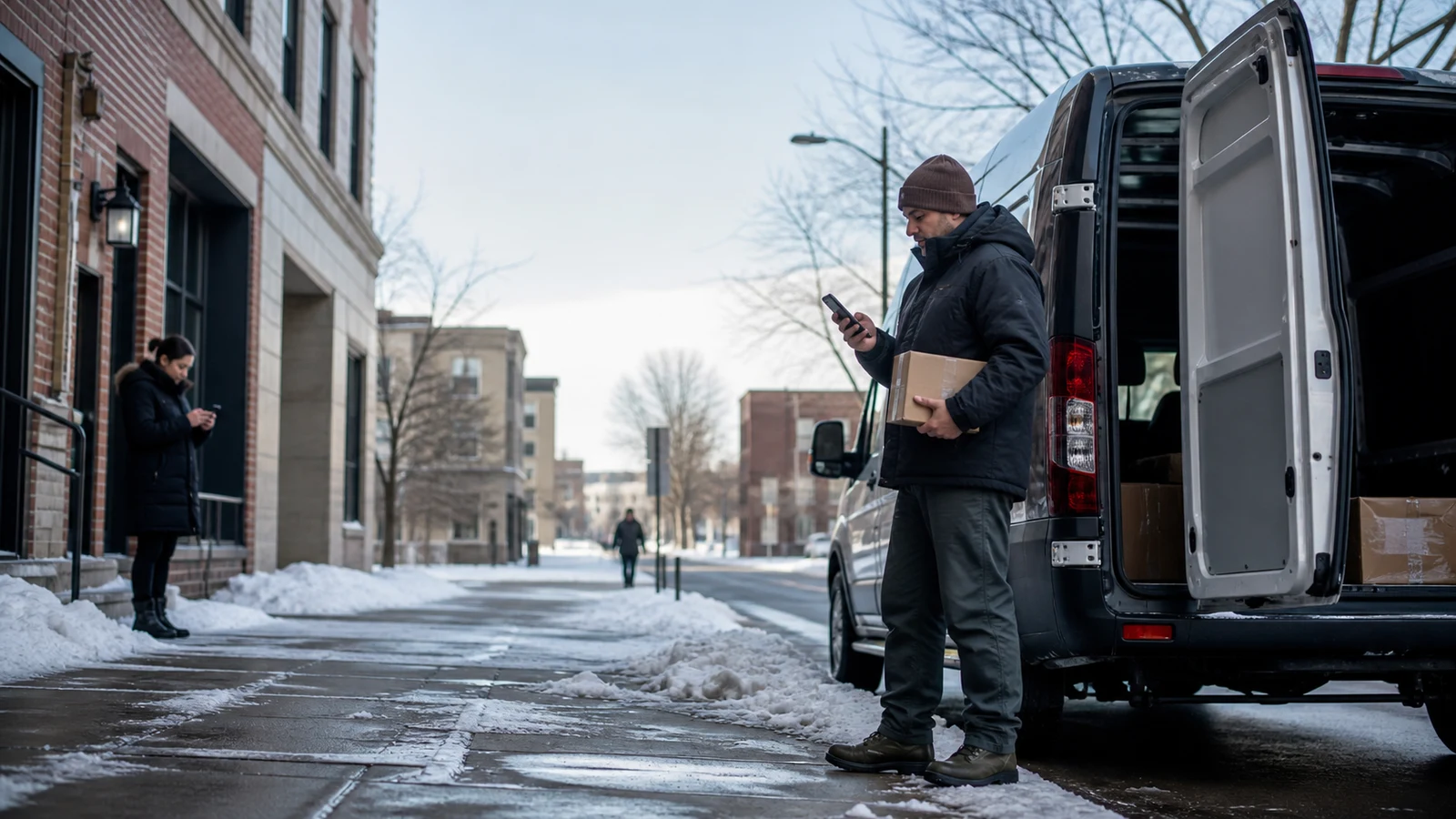Saint Cloud delivery driver applicant communication FAQ: a person holding a parcel checks a phone beside an open unmarked van on a snowy street, while another person stands near a.