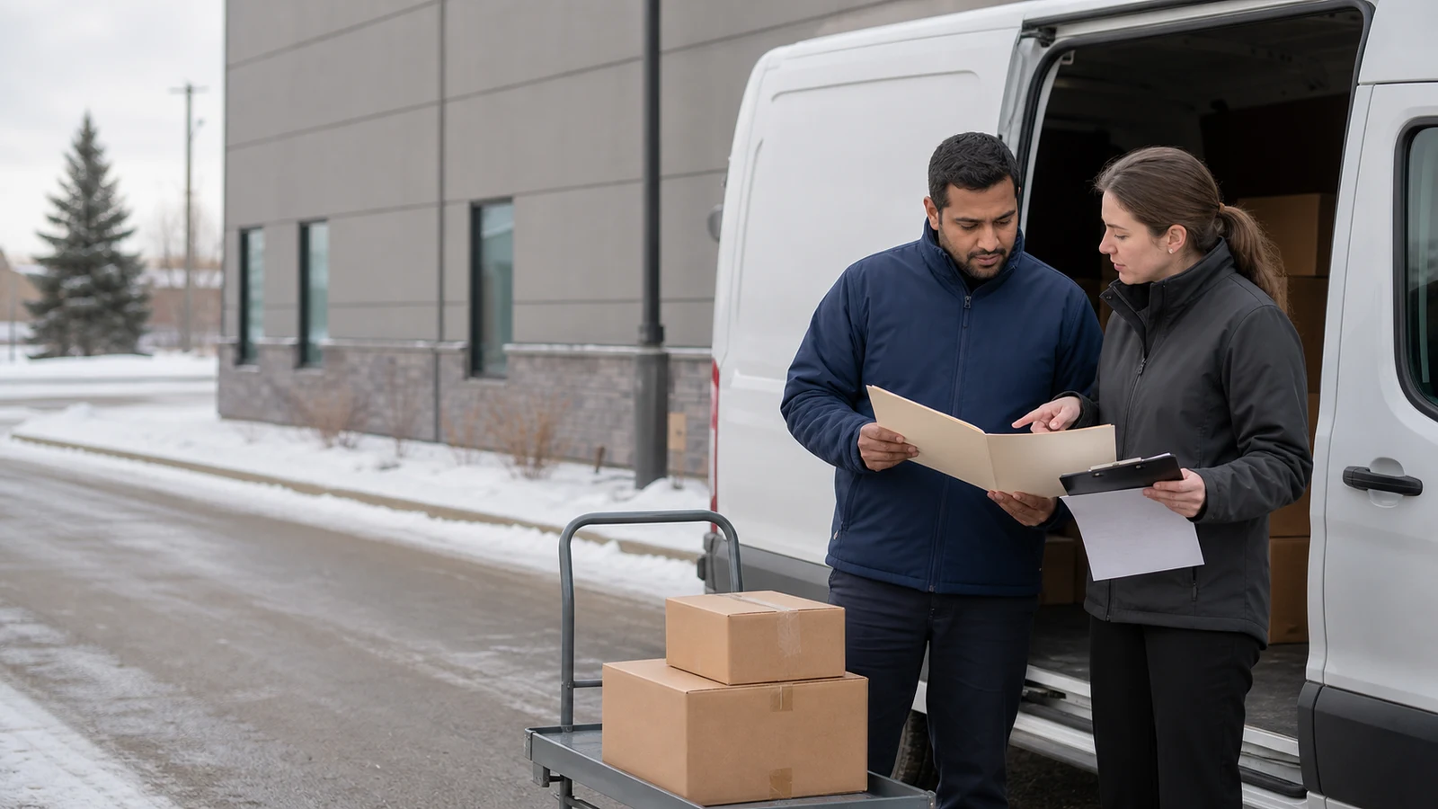 Delivery driver background check Saint Cloud MN: two adults stand beside an open white cargo van in a snowy commercial exterior, reviewing a blank folder and clipboard beside.