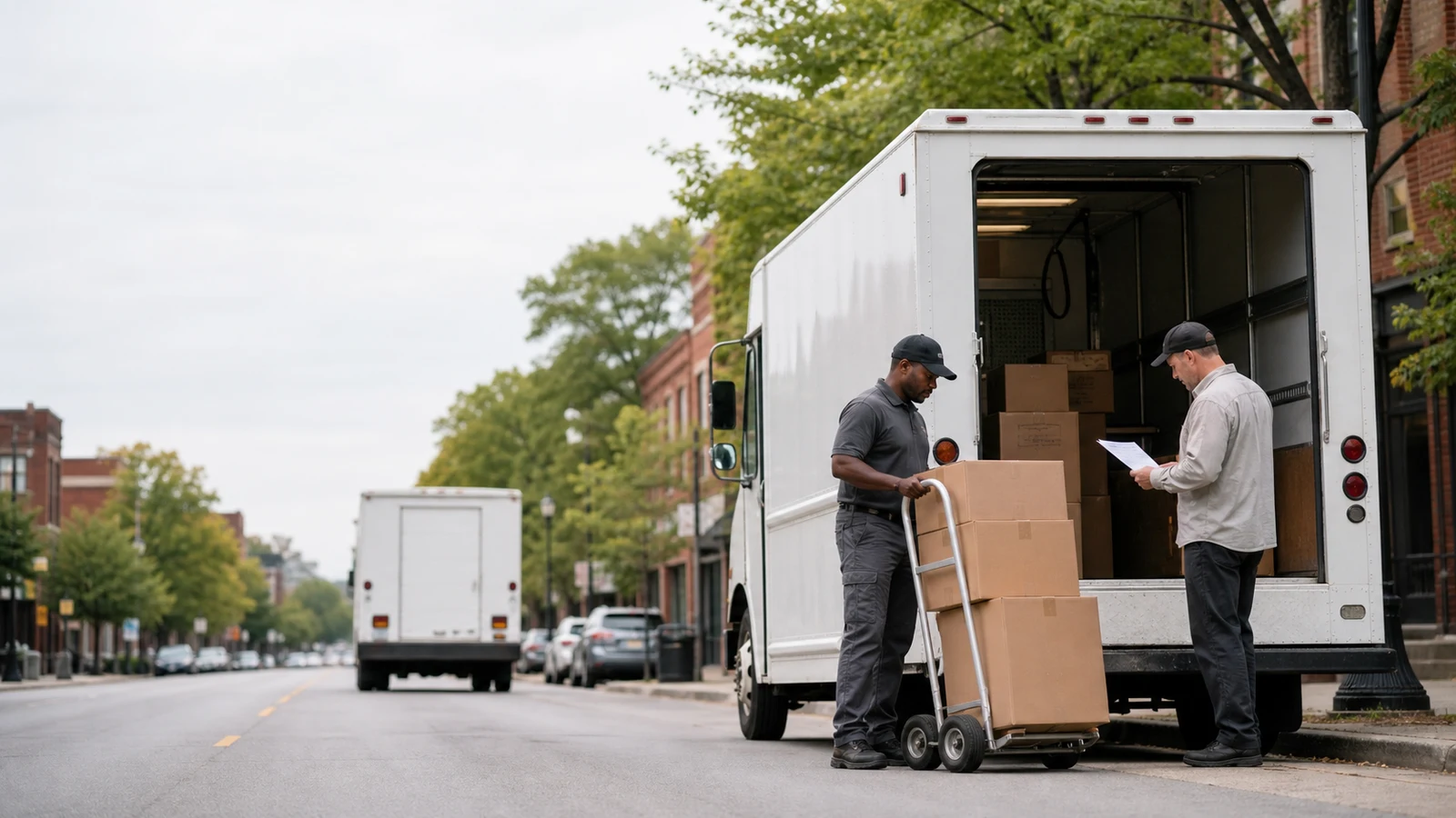 Compare delivery driver employers Saint Cloud MN: two people stand beside an open white delivery van with cardboard boxes and a hand truck on a tree-lined street.
