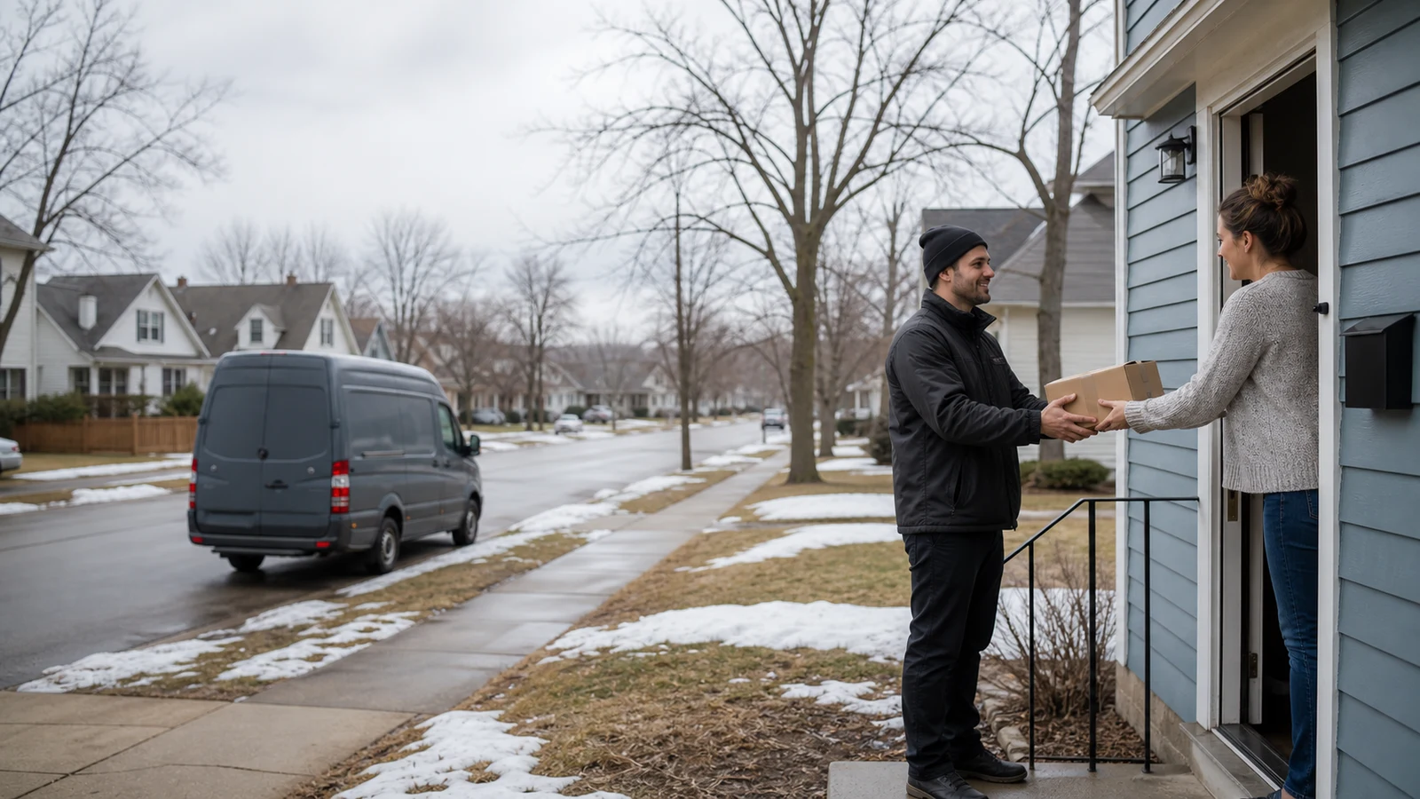 Customer interaction in Saint Cloud delivery driver jobs: a person holding a cardboard parcel hands it to another person at the open door of a house, with a plain van parked.