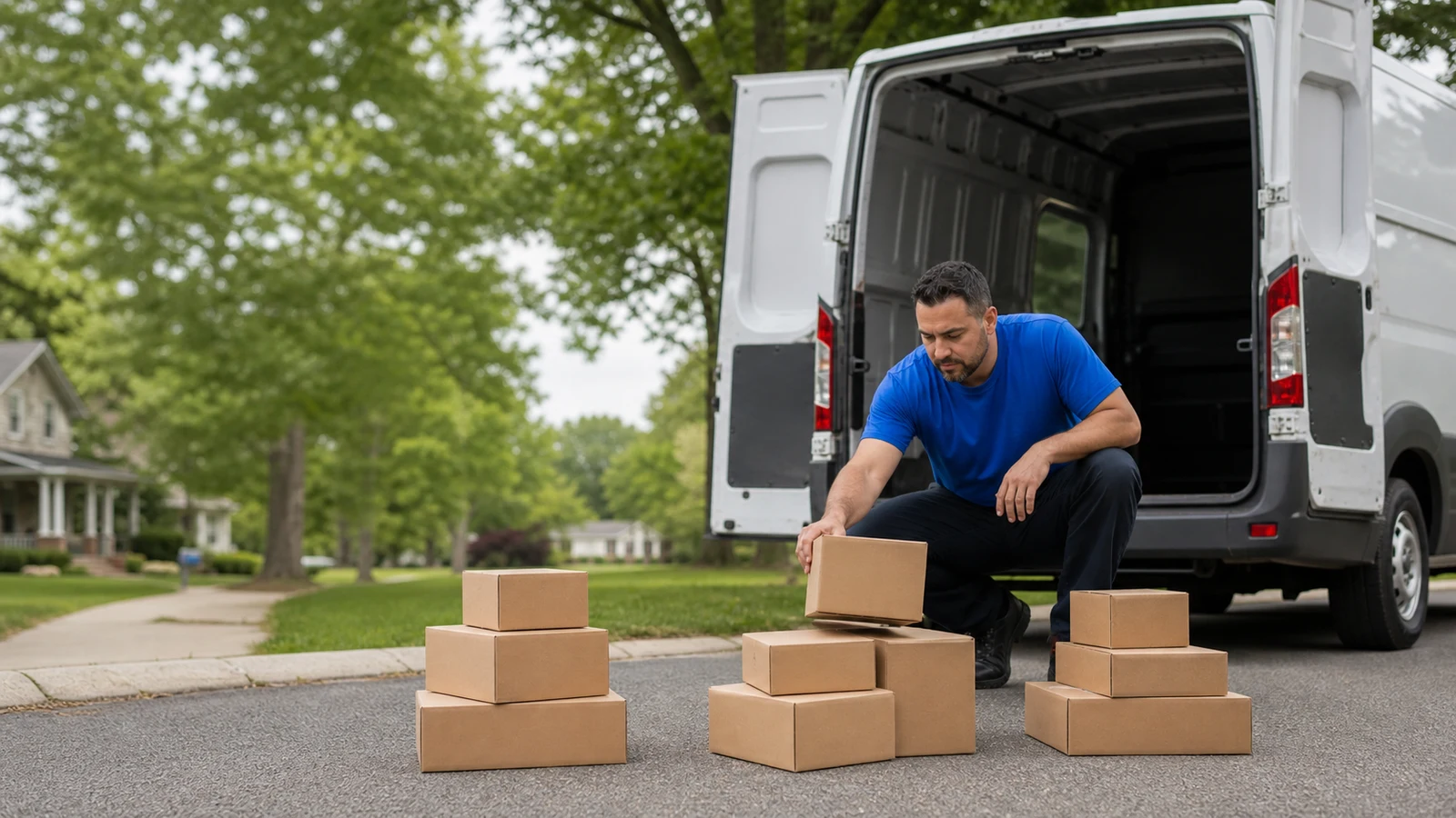 Delivery driver days 8 to 30 success plan Saint Cloud MN: a person in a plain blue shirt sorts blank cardboard parcels into three groups beside an unmarked van.