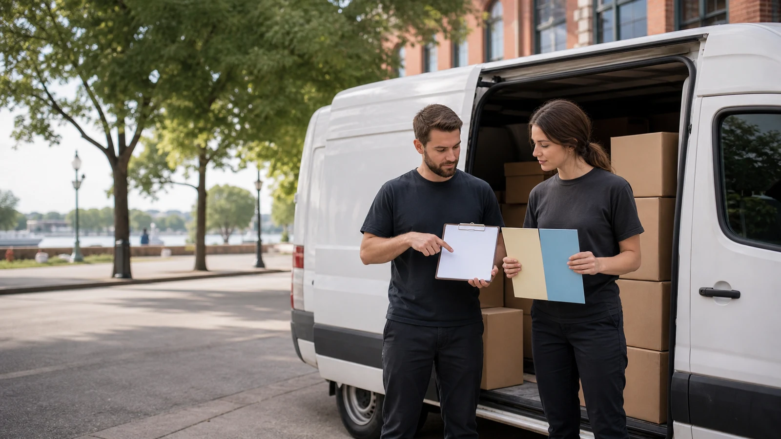 Delivery driver benefits Saint Cloud MN: two people beside an open white cargo van compare blank papers and colored folders next to stacked cardboard boxes.