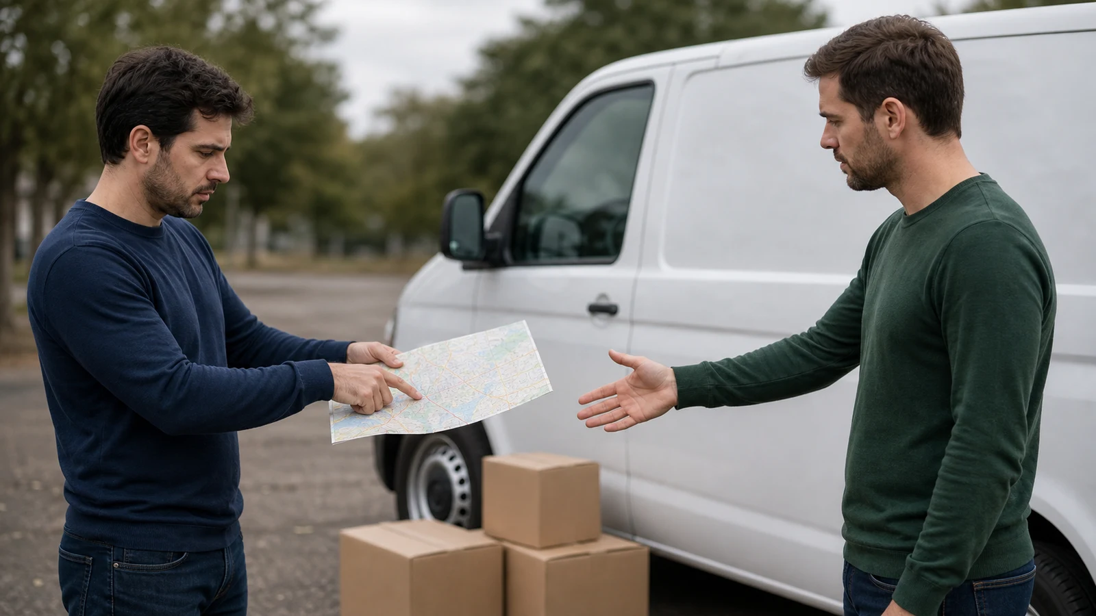 Delivery driver career path Saint Cloud MN: two people review a folded route map beside an unbranded white cargo van and plain parcel boxes.
