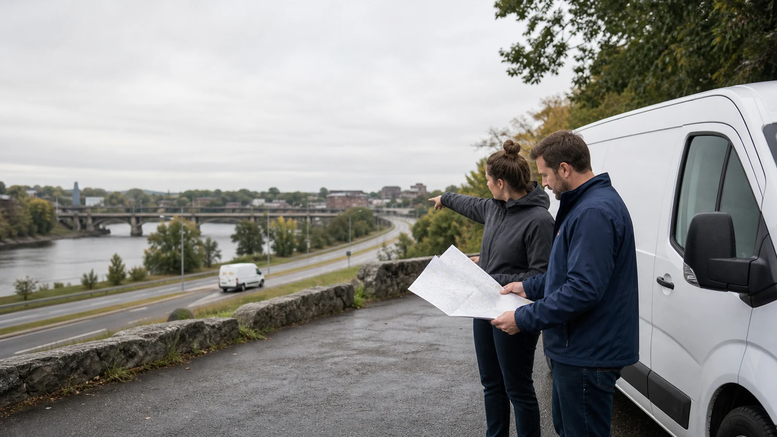 Delivery driver commute Saint Cloud MN: two adults beside a white cargo van look at an unfolded paper map while one points toward a road and bridge.