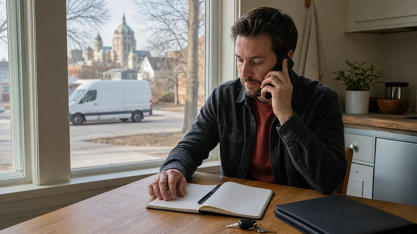 delivery driver phone interview prep Saint Paul: Adult holds a phone beside an open blank planner, pen, folder, and keys at a kitchen table near a window.