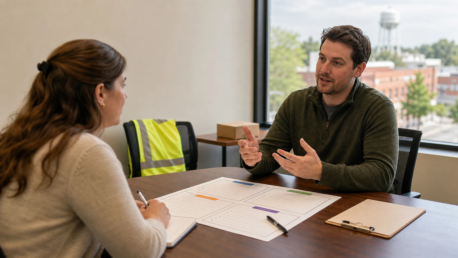 Delivery driver interview STAR stories Saint Cloud MN: two people sit across a table in a sunlit room, discussing a four-section worksheet beside a notebook, clipboard, parcel.