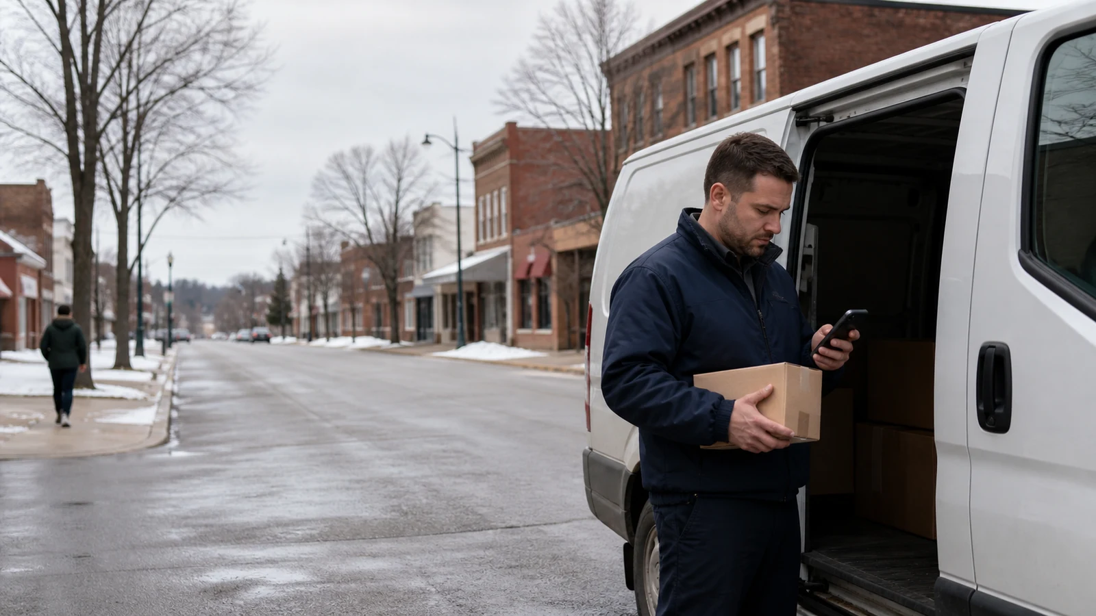 Saint Cloud delivery driver job alerts: a person holding a parcel beside an open white cargo van on a tree-lined street, with brick buildings and patches of snow.