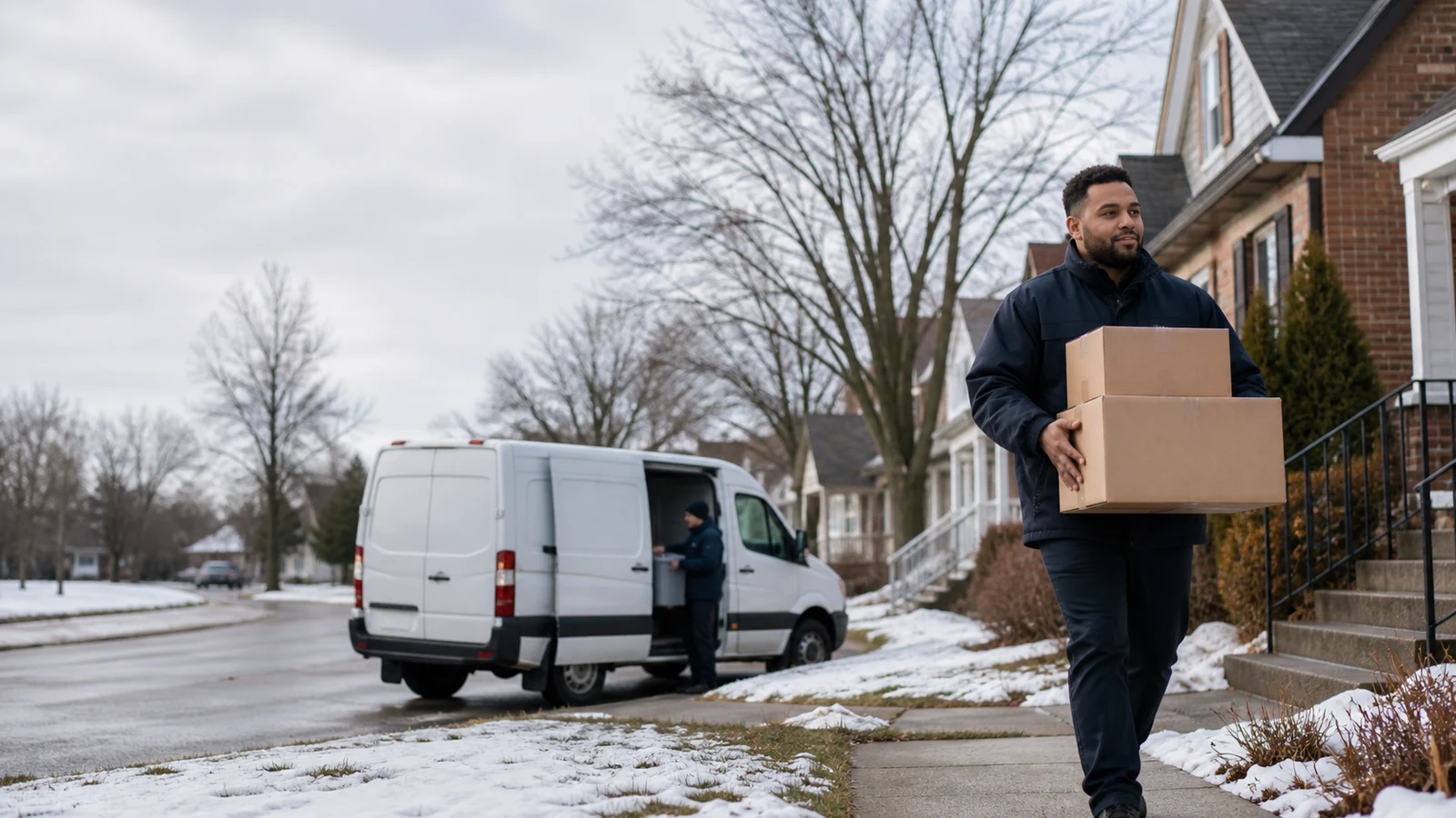 Delivery driver jobs Saint Cloud MN: a person carries cardboard boxes along a residential walkway beside a parked white cargo van, while another person stands near its open side.