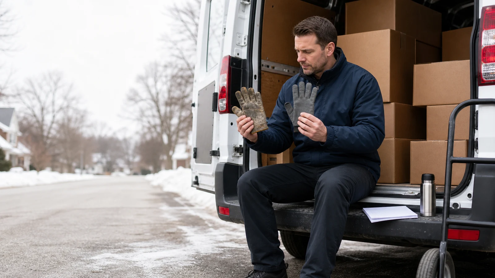 Delivery driver long-term fit Saint Cloud MN: a person seated at the open rear of a white cargo van compares two plain gloves beside unmarked parcels and a hand truck on a snowy.