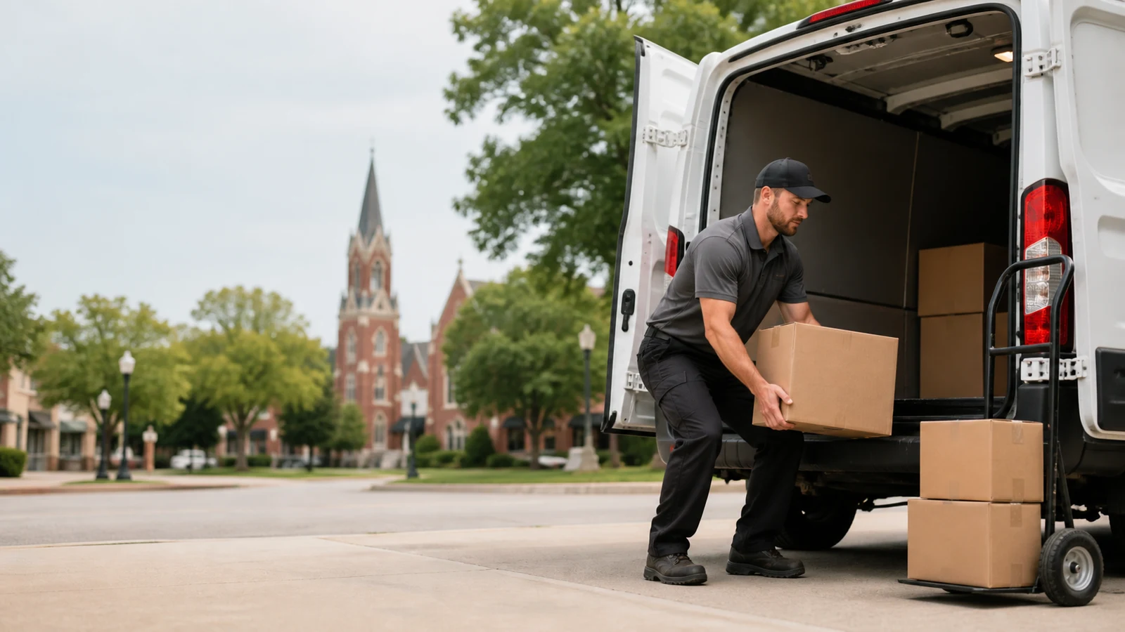 Delivery driver physical demands Saint Cloud MN: a person bends to lift a cardboard box beside an open white cargo van, with a hand truck and more boxes on a paved area.