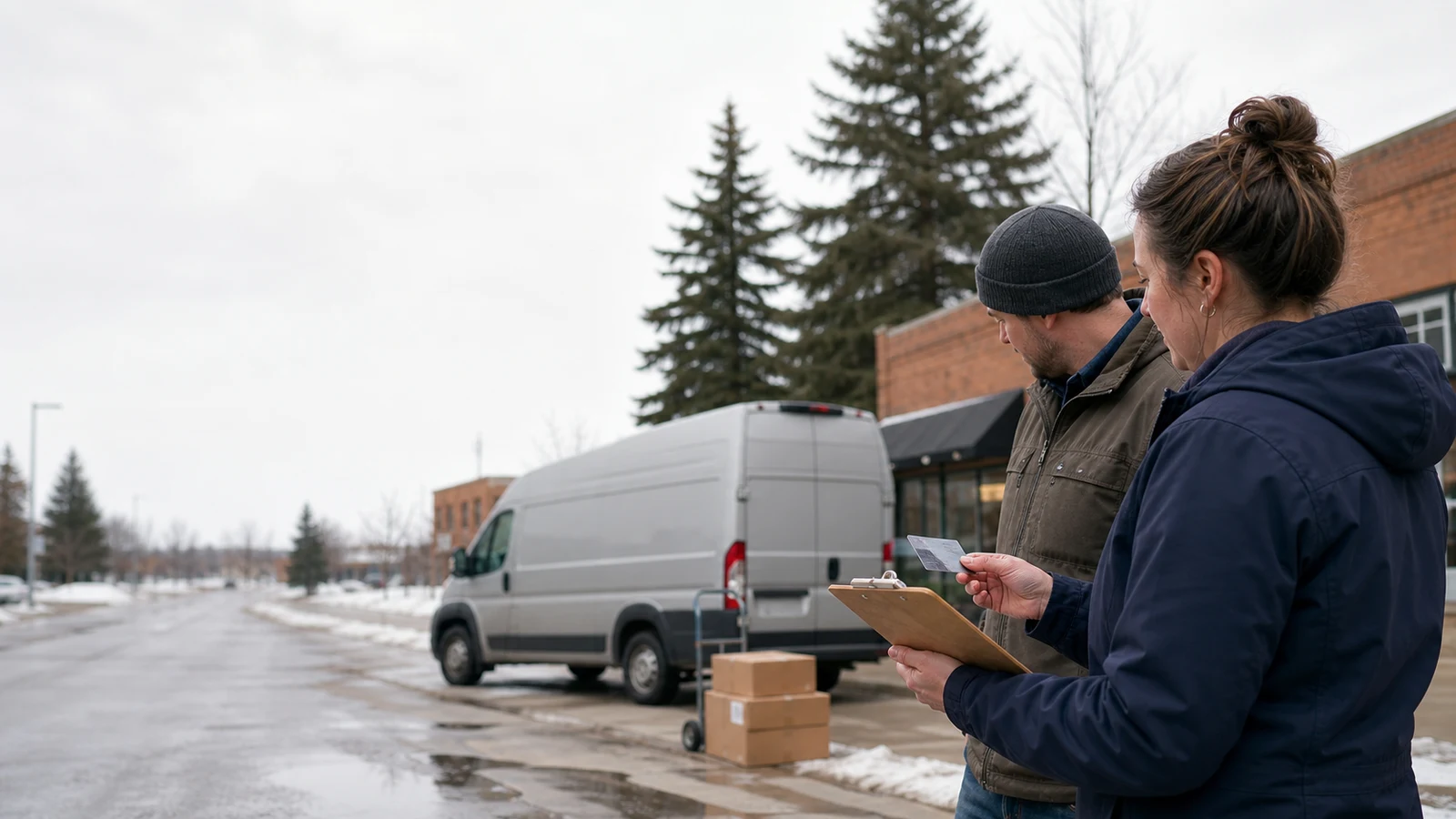 Delivery driver qualification checklist Saint Cloud MN: two adults outdoors review a clipboard and plastic card beside a plain van, parcels, and a hand truck.