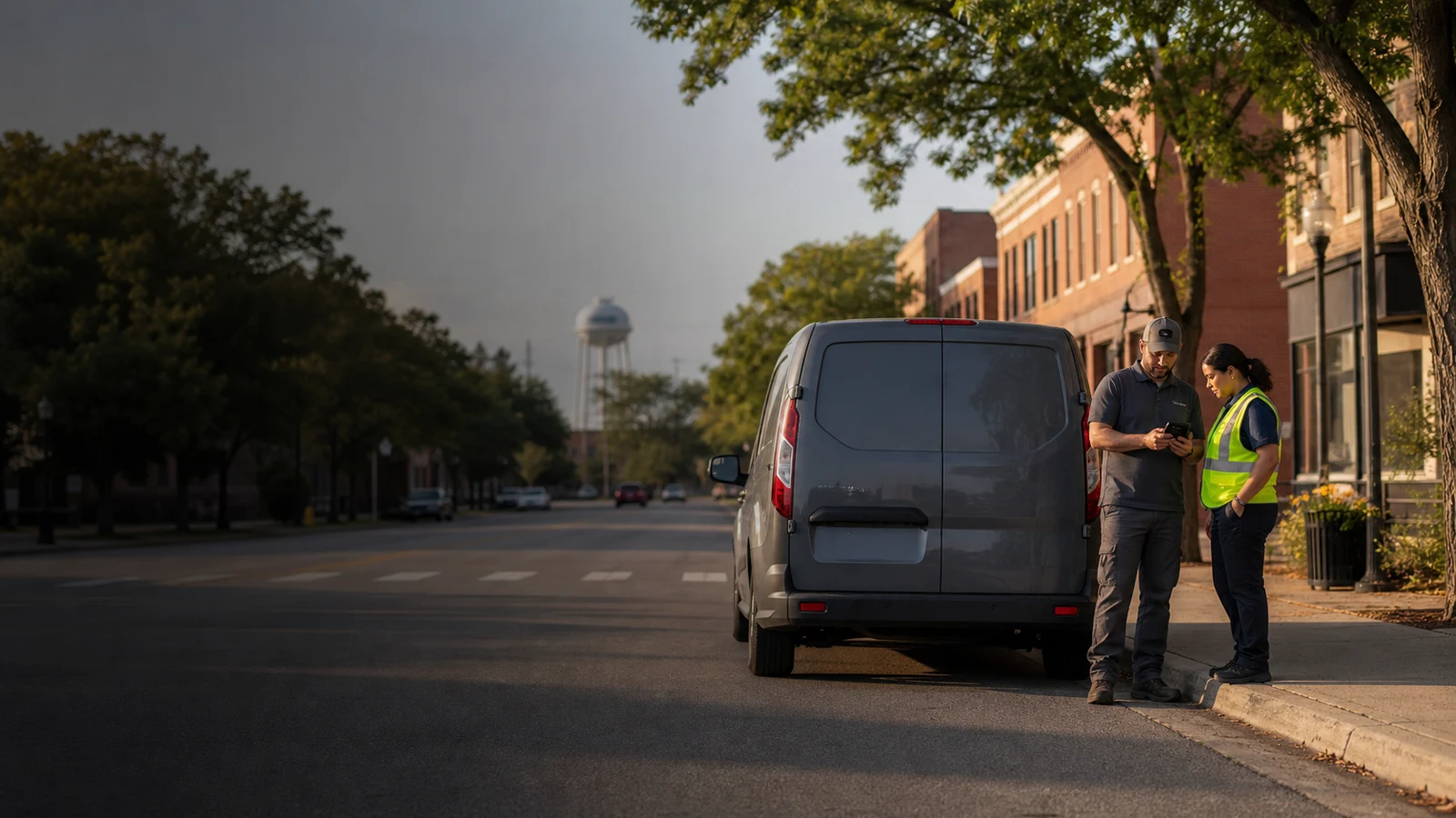 Delivery driver safety metrics Saint Cloud: two people stand beside an unmarked delivery van parked along a tree-lined street, one holding a handheld device.