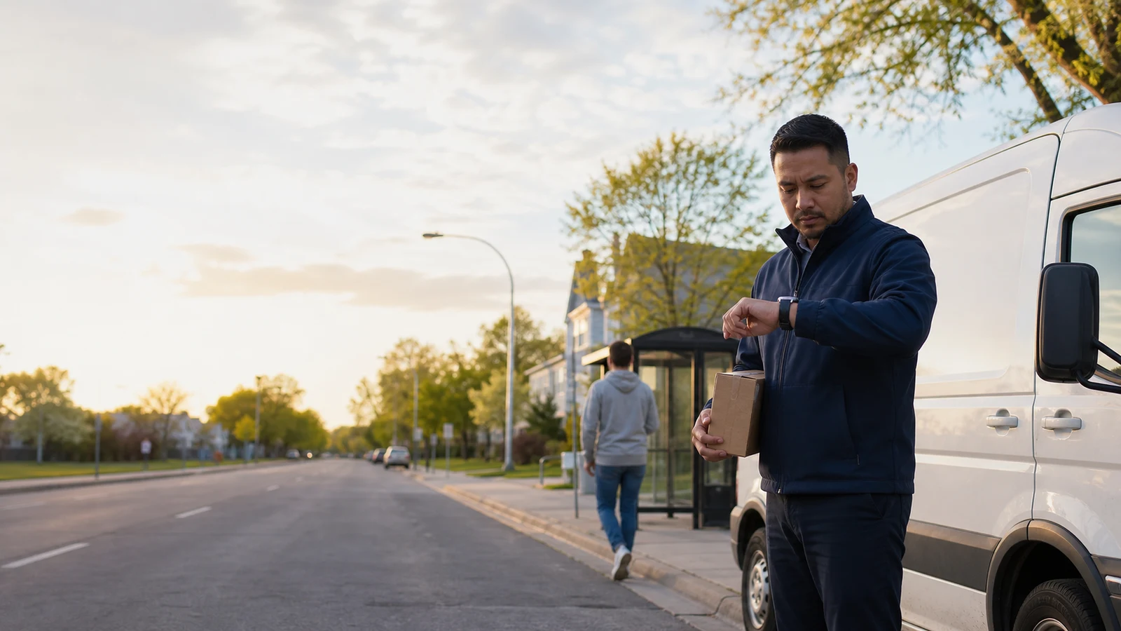 Delivery driver shift schedules Saint Cloud MN: an adult holding a cardboard parcel beside a white cargo van on a tree-lined residential street at sunset.
