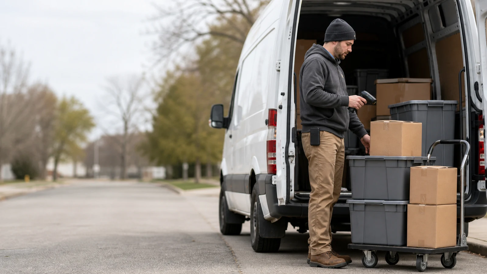 Delivery driver tools and equipment Saint Cloud MN: a person beside an open cargo van with plastic totes, boxes, a rolling cart, a handheld scanner, and a phone clipped at the.