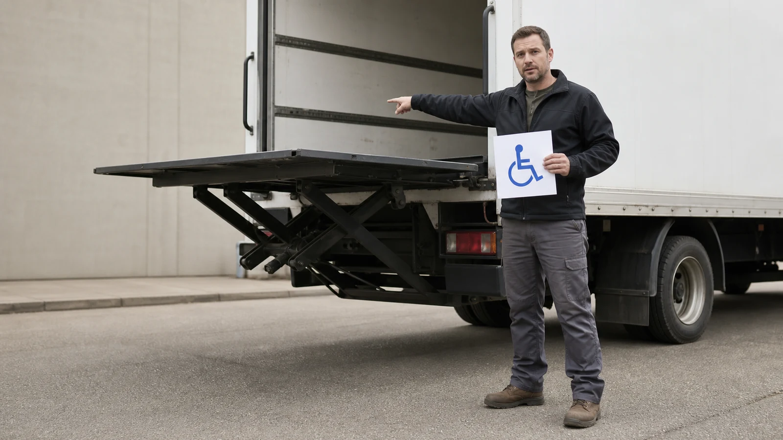 Saint Cloud delivery driver workplace accommodations: a person holds an accessibility-symbol sheet and points toward a raised truck lift platform with its exposed scissor.