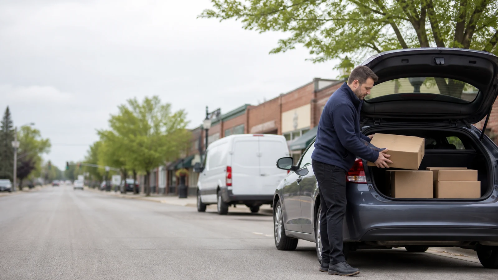 Delivery job vehicle arrangements Saint Cloud MN: a person lifts a cardboard box beside an open hatchback on a tree-lined street, with a white cargo van parked behind.