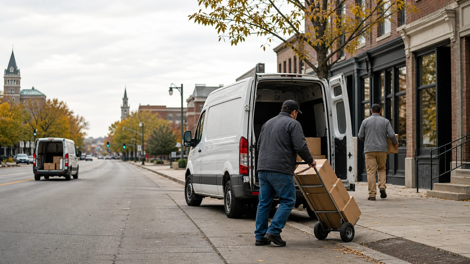 Fixed route vs on demand delivery jobs Saint Cloud: two people move unmarked cardboard boxes beside cargo vans on a tree-lined street.