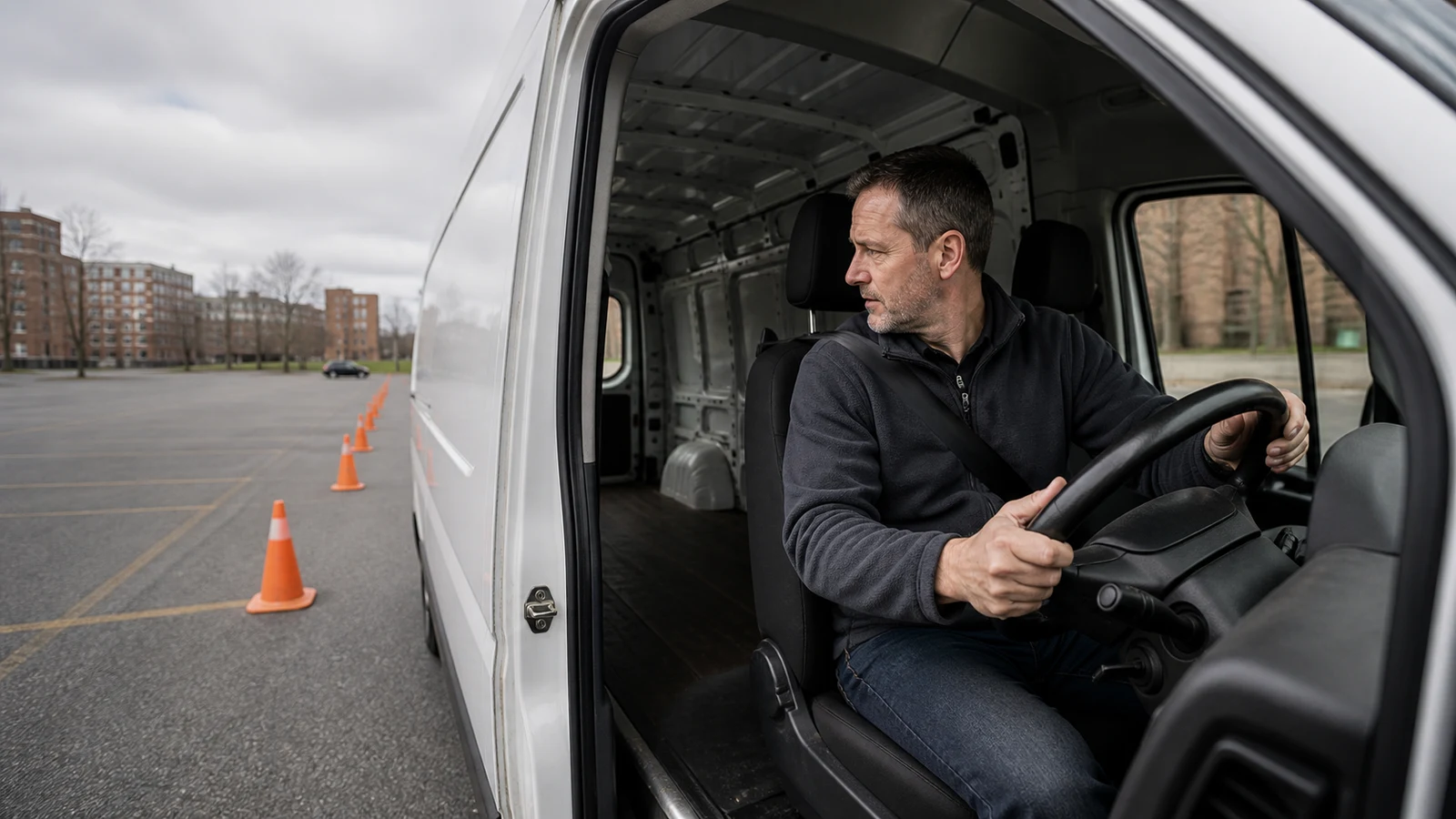 delivery van driving jobs Saint Paul: An adult sits at the wheel of a cargo van, looking back beside orange traffic cones.