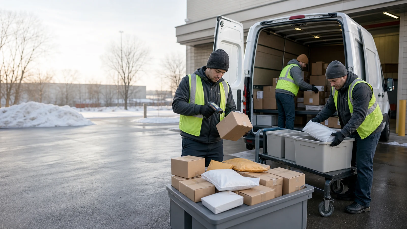 Saint Cloud delivery driver warehouse loadout process: three people sort and scan parcels on rolling carts beside an open white cargo van at a loading area.