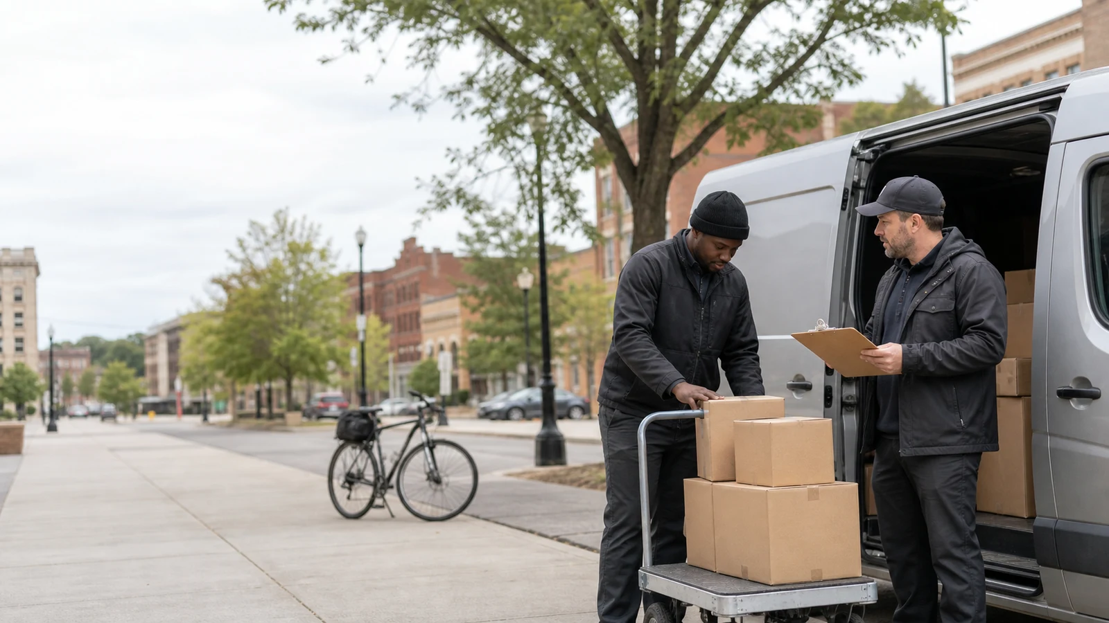 W-2 vs independent contractor delivery driver Saint Cloud MN: two people stand beside an open cargo van while one holds a clipboard and the other checks parcels on a hand cart.