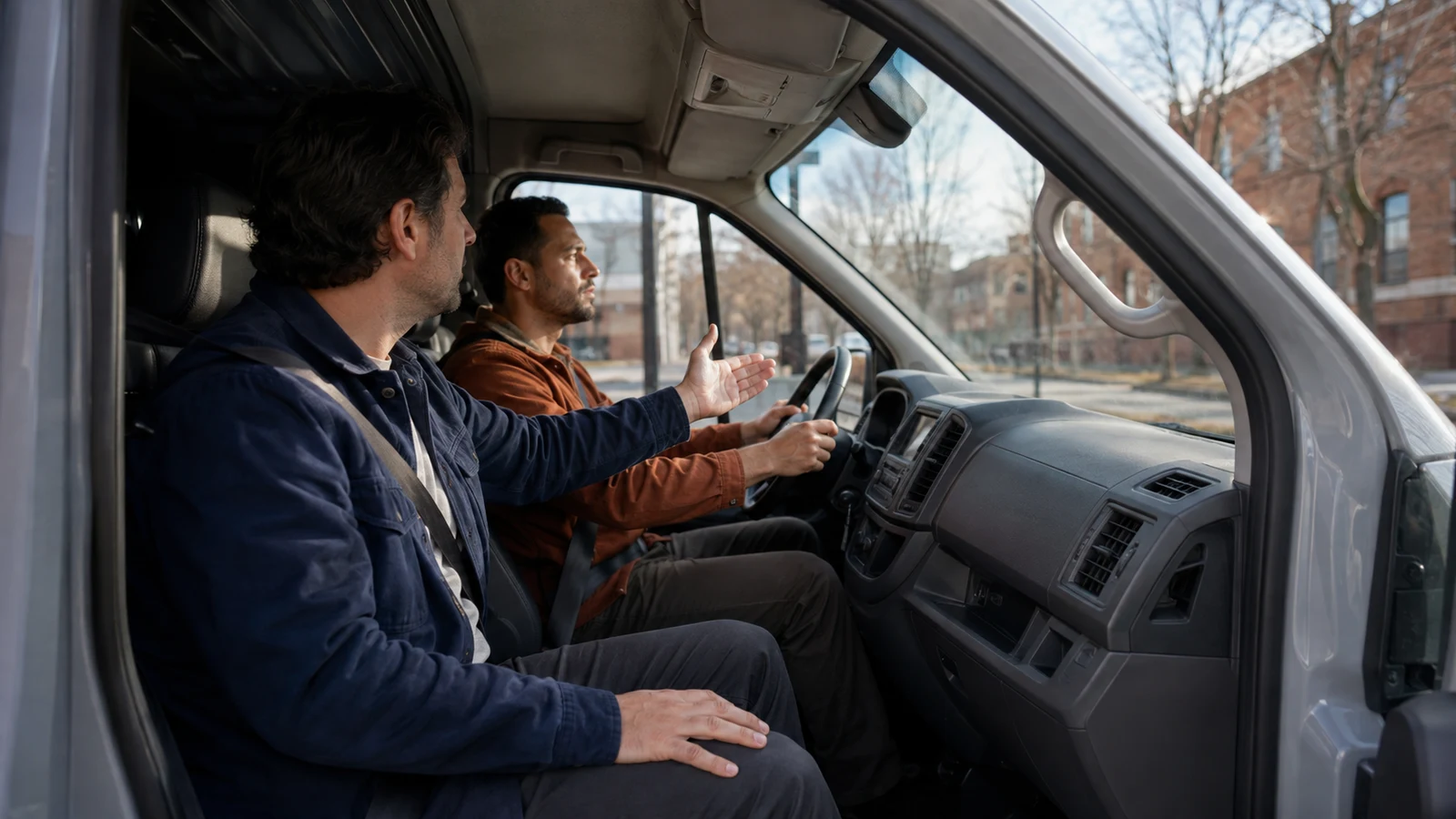 driver training in package delivery jobs Saint Paul: Two adults sit in a van cab, one holding the wheel as the other gestures toward the windshield.