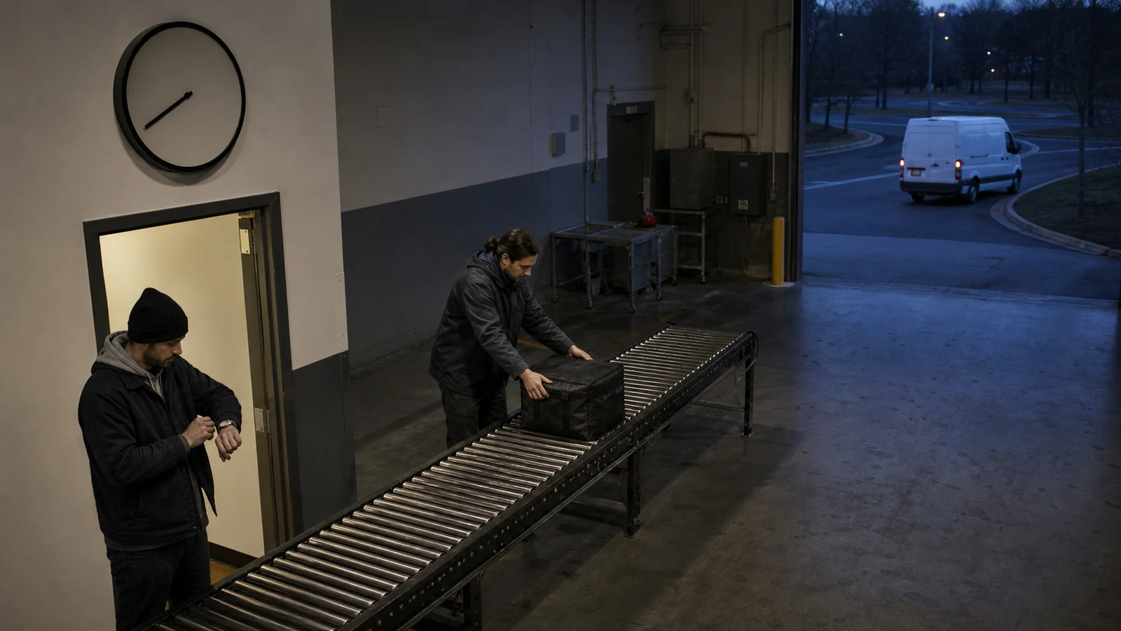 early morning driving jobs Saint Paul: One adult checks a wristwatch by a lit door as another sets a tote on rollers; an unbranded van is outside.