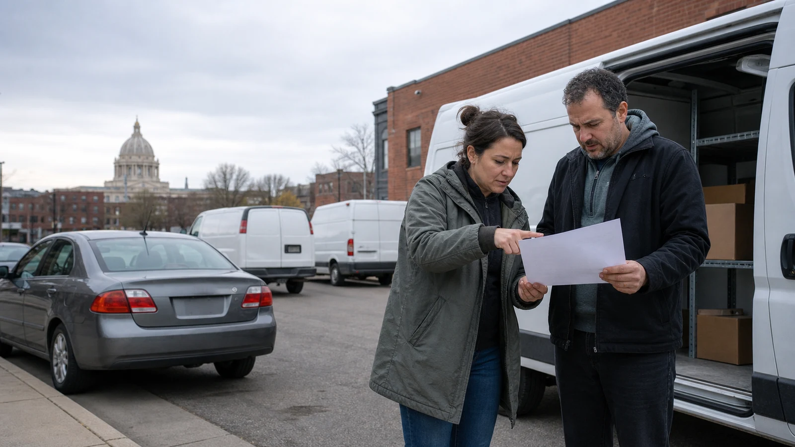 employer vehicle route jobs Saint Paul: Two adults compare a blank sheet beside an open cargo van, a parked sedan, and more vans in the background.