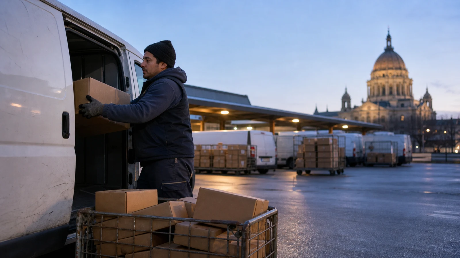 evening package delivery jobs Saint Paul: An adult grips a plain parcel beside a loaded metal cage and an open unbranded van at dusk.
