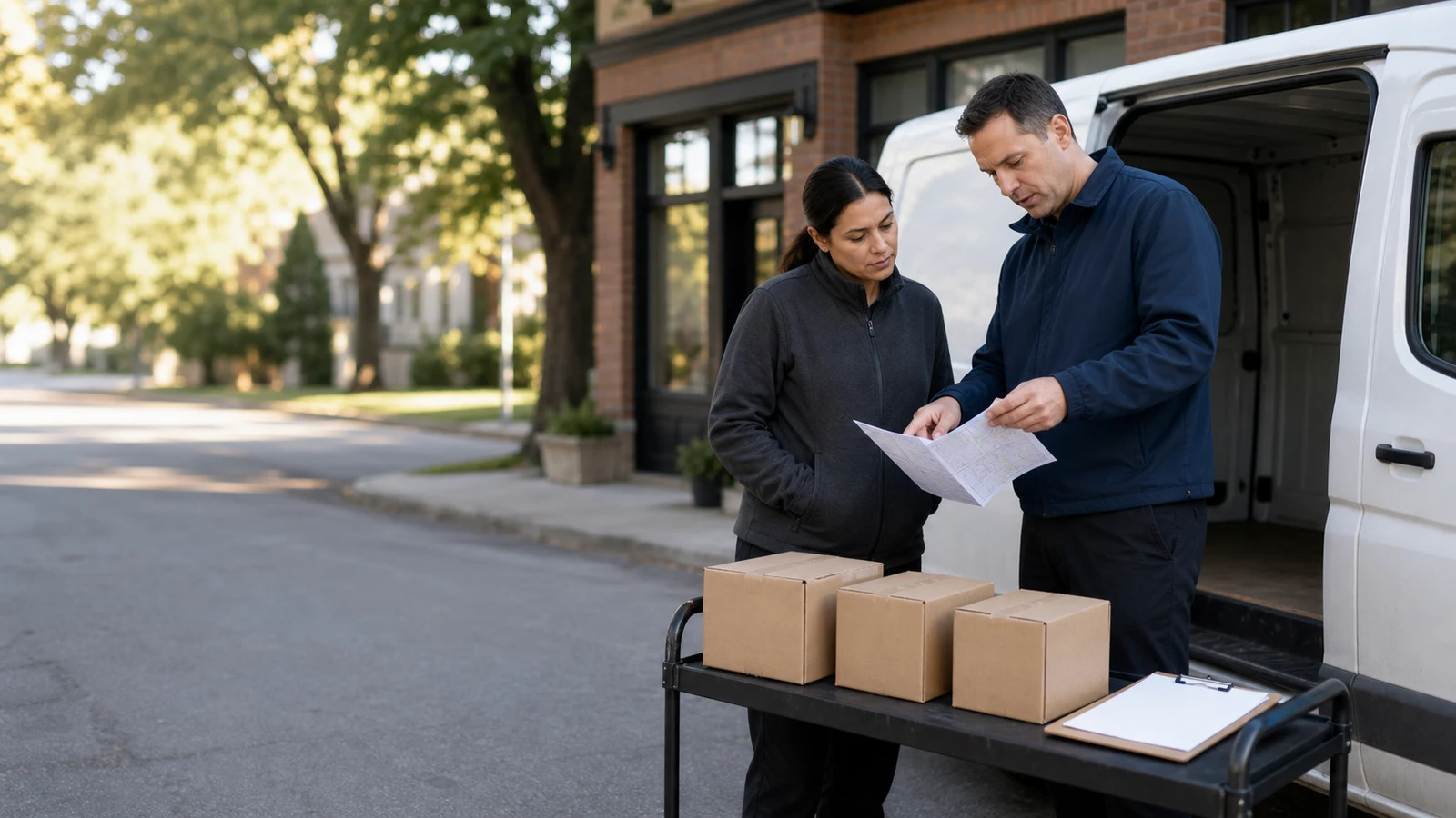 First week as a delivery driver Saint Cloud MN: two people beside a white cargo van review a folded paper map next to a cart holding three plain parcels.