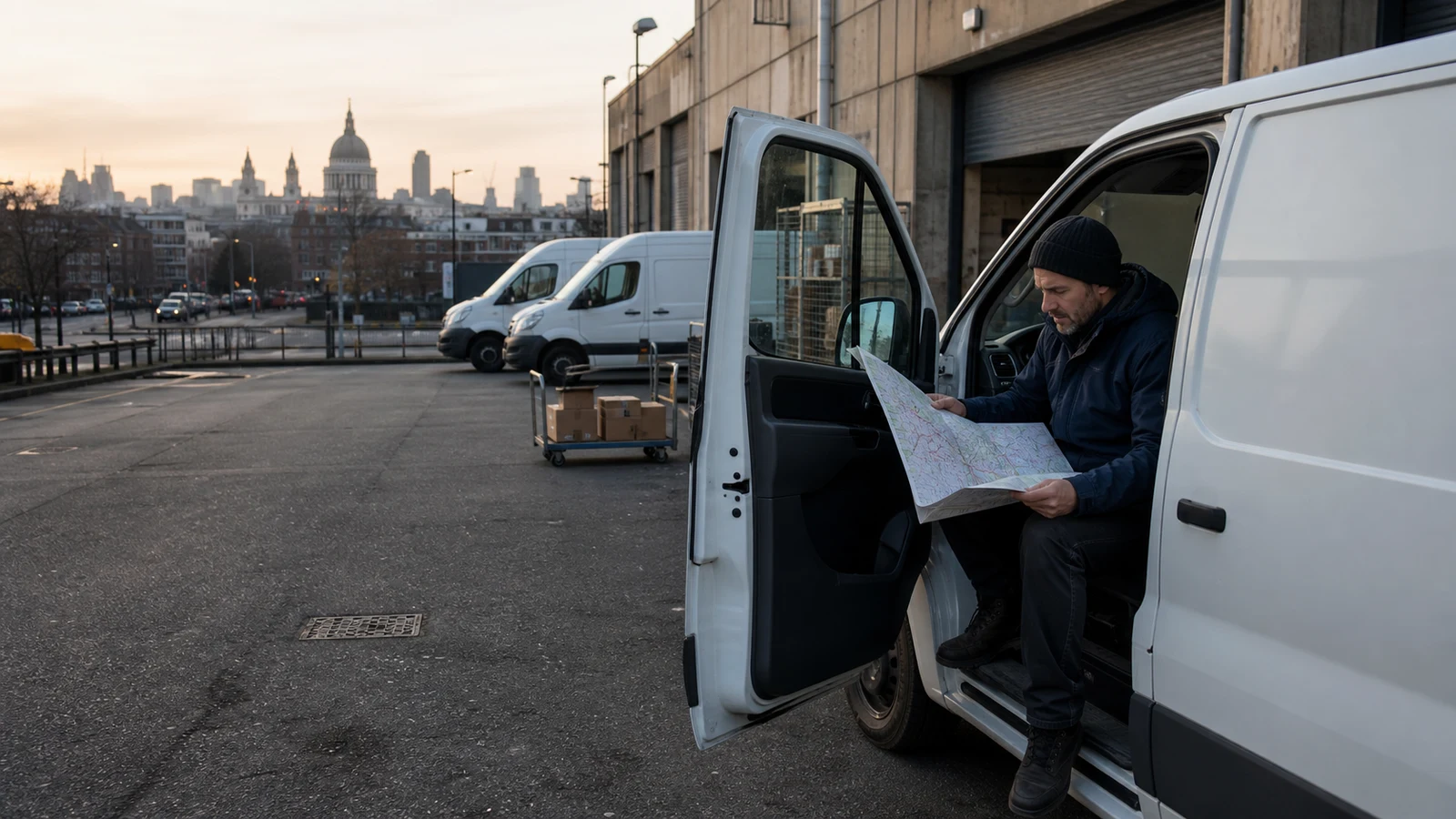 last-mile driving work Saint Paul: An adult studies a folded street map in an unbranded van beside a loading bay.