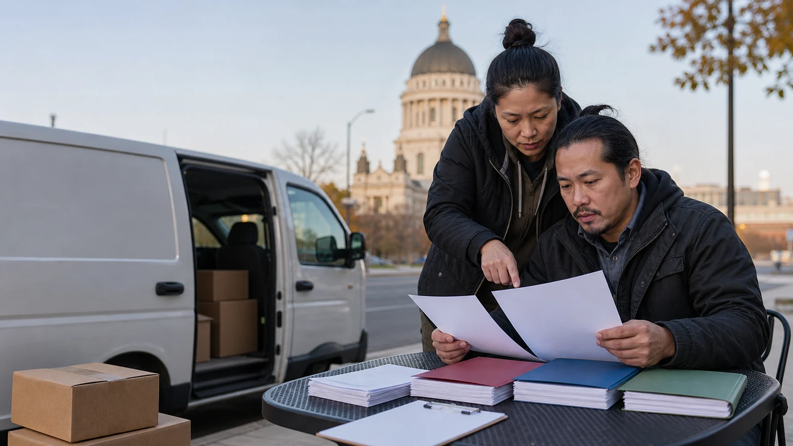 local courier careers Saint Paul: Two adults compare blank papers and colored folders beside an open unbranded van.