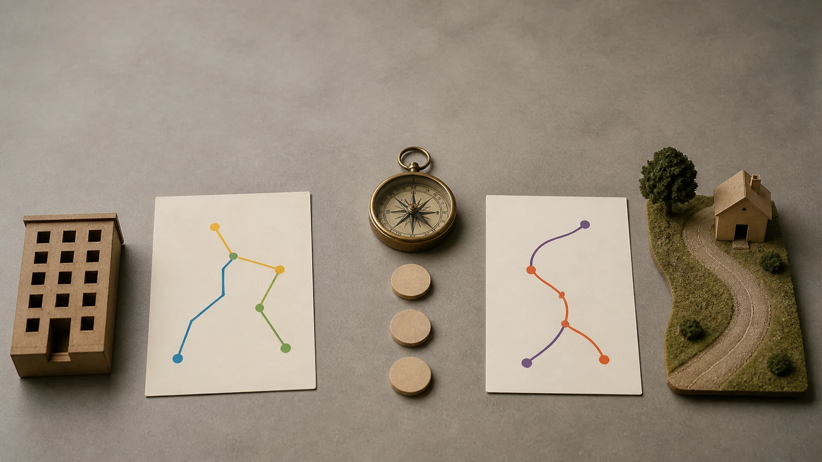 Delivery navigation and address exceptions Saint Cloud: two blank paper route cards compare an apartment-building stop and a rural driveway with a compass and plain location.
