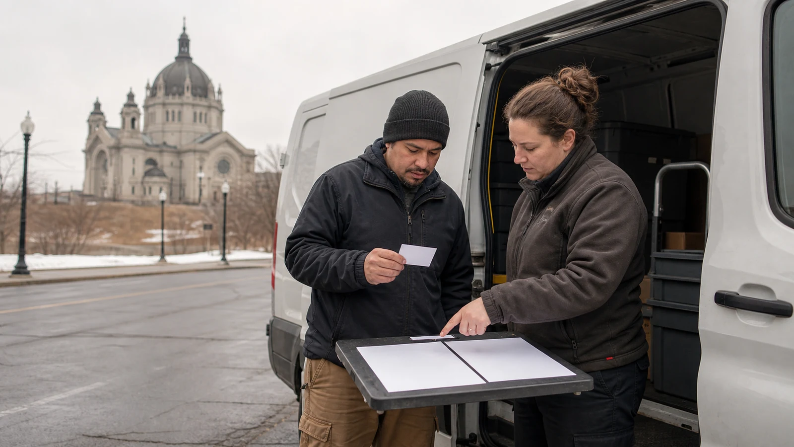 non-CDL delivery driving jobs Saint Paul: Two adults compare a blank card and blank papers beside an open cargo van, with a domed cathedral in the distance.