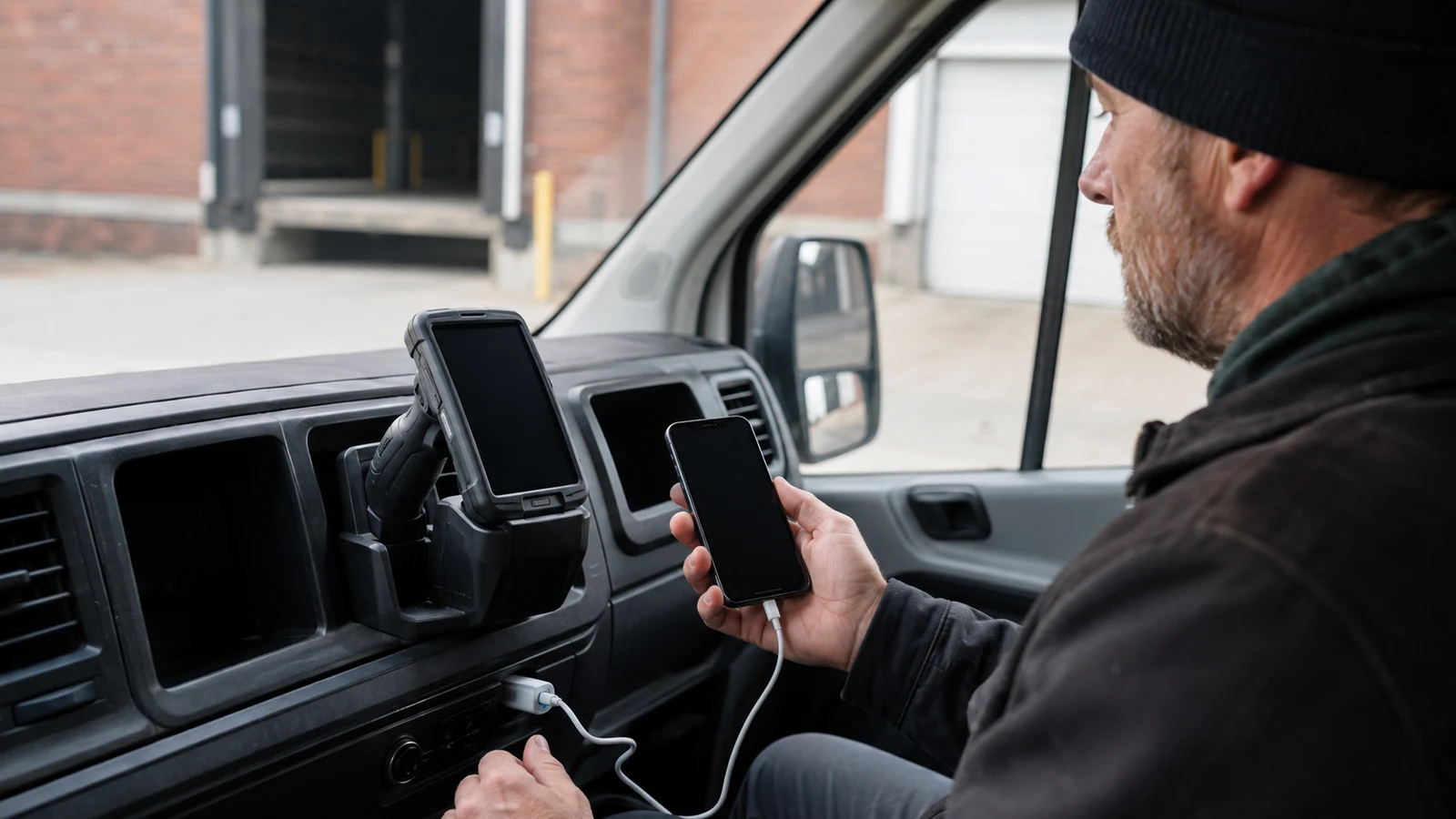 Phone Requirements for Delivery Jobs Saint Paul: An adult holds a cabled phone beside a handheld scanner in a van.