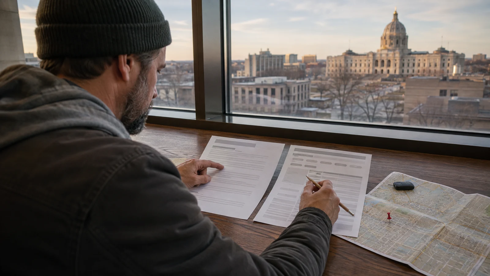 Ramsey County delivery jobs near Saint Paul: An adult compares two printouts beside a pinned street map on a wood table.
