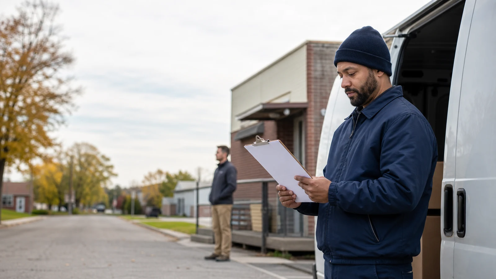 Delivery driver offer letter checklist Saint Cloud: a person reads a paper on a clipboard beside an open white cargo van, with another person near a loading area in the background.