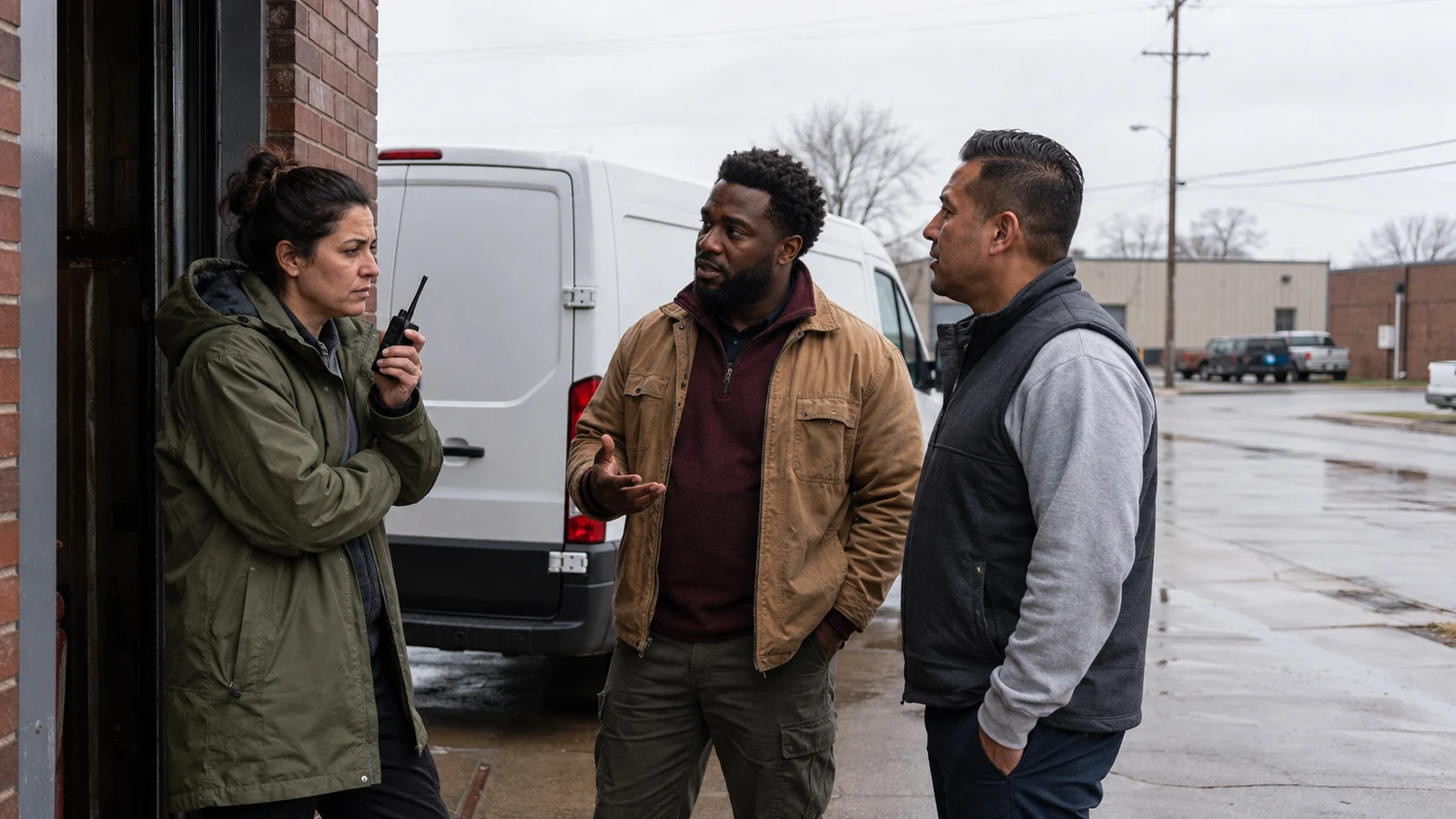 Team Communication in Courier Jobs Saint Paul: Three adults stand beside a brick doorway and closed white van; one holds a black radio.