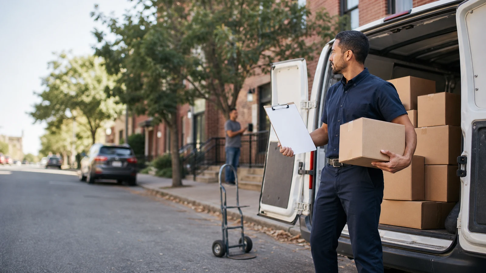 Transferable skills for delivery driver jobs Saint Cloud MN: a person holding a cardboard box beside an open white cargo van with stacked packages and a hand truck on a tree-lined.
