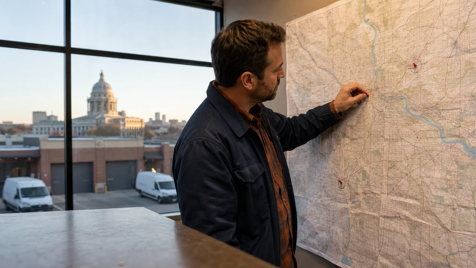 Twin Cities route driver jobs Saint Paul: An adult places a pin on an unlabeled wall map beside two circled points and a window.