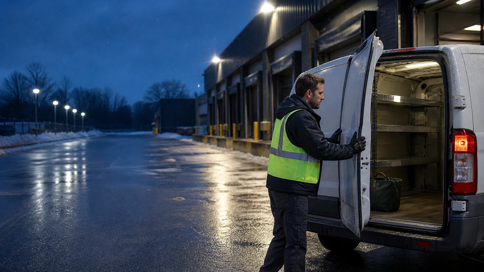 weekday delivery work Saint Paul: An adult grips a cargo van’s rear door outside a loading area on a wet, snowy evening.