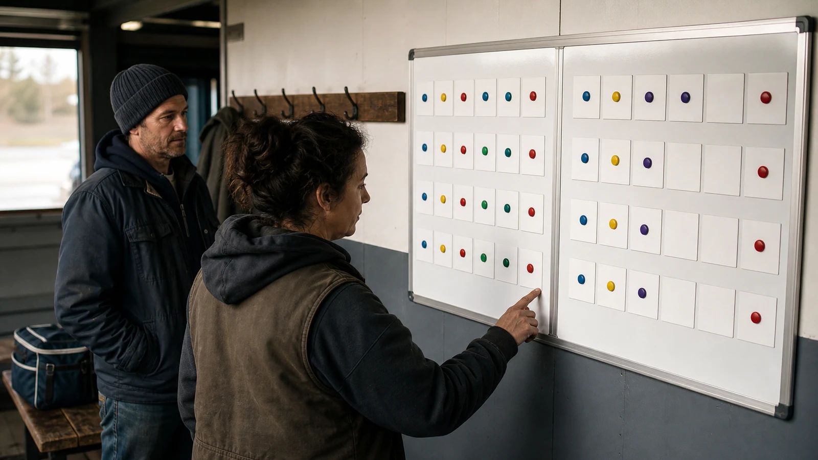 weekend route driver jobs Saint Paul: Two adults examine adjacent four-week magnetic schedule grids in a softly lit dispatch room.