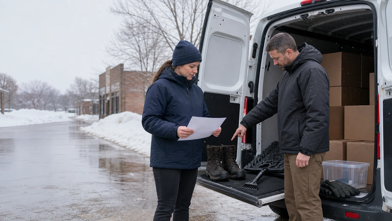 Winter delivery work readiness Saint Cloud MN: two people in plain winter jackets inspect boots, an ice scraper, gloves, and parcels beside an open white cargo van in a snowy.